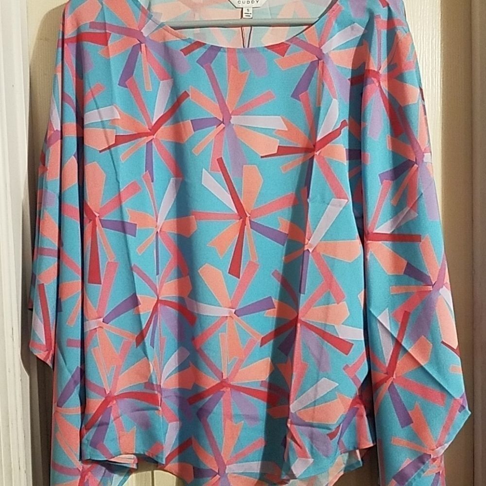 Cuddy‎ Women's Multicolor Geometric Batwing Sleeve Crew Neck Blouse Small NWT